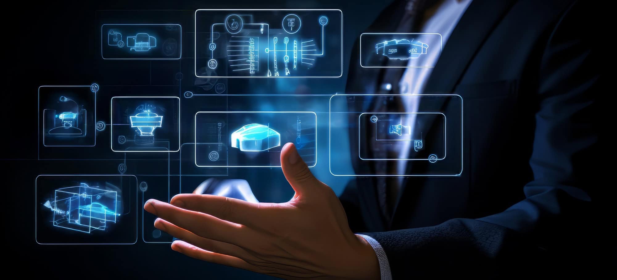 Dashboard olografica con dati aziendali. Aeonvis ha realizzato l’integrazione tra Salesforce e SAP per ottimizzare il processo commerciale aftermarket di De Nora.