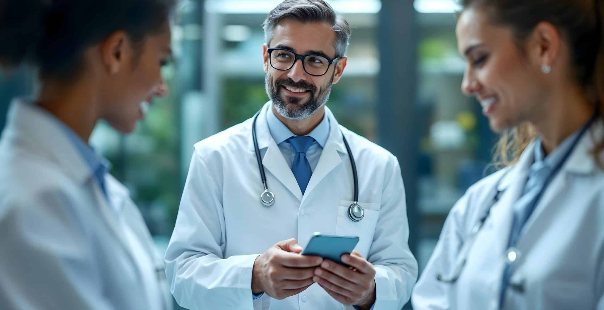 medico consulta dati su dispositivo mobile. Aeonvis ha supportato Pizeta Pharma nell’ottimizzazione della rete commerciale tramite l’adozione del CRM Salesforce.