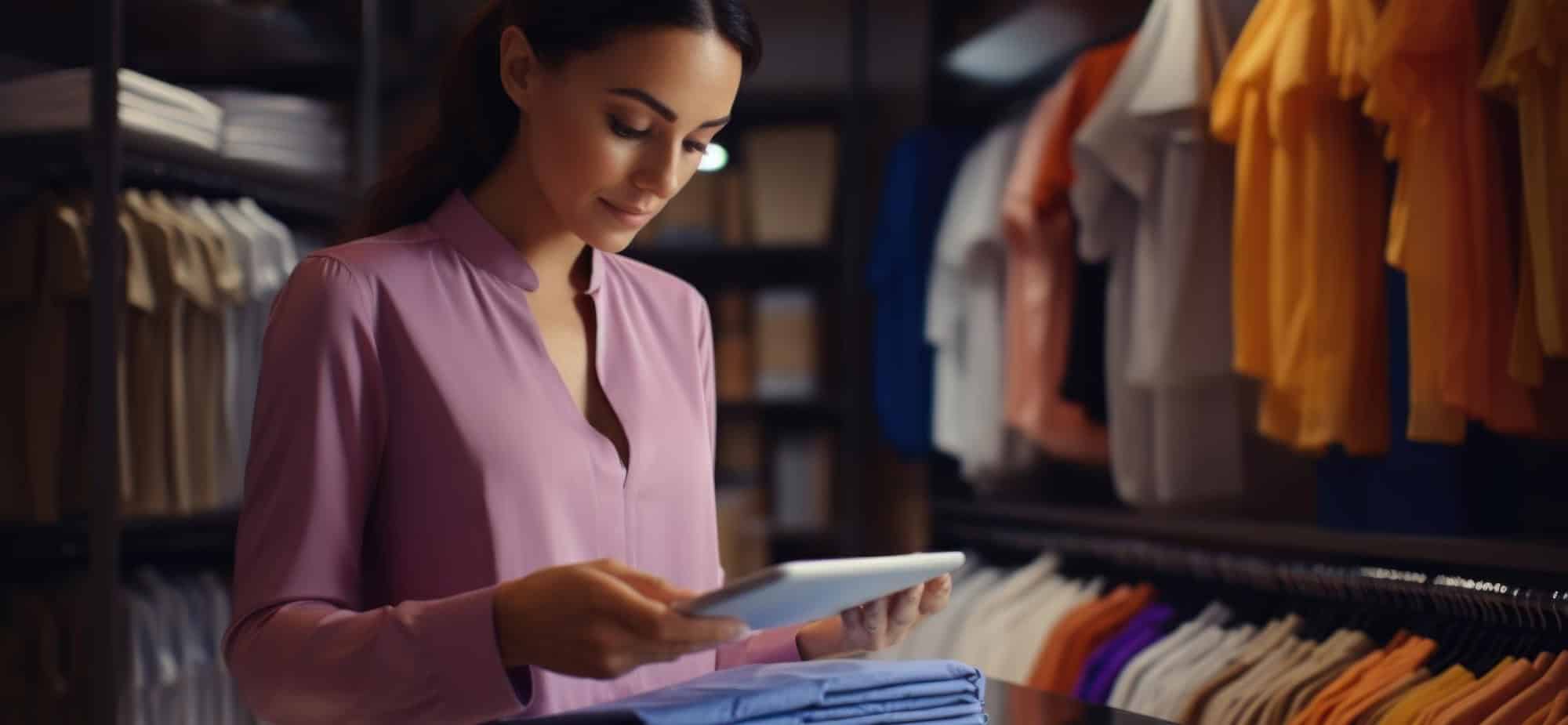 un'elegande donna in un guardaroba consulta il tablet. Kering Eyewear sceglie Aeonvis per supportare la sua crescita globale con SAP Fashion Management su HANA Enterprise Cloud