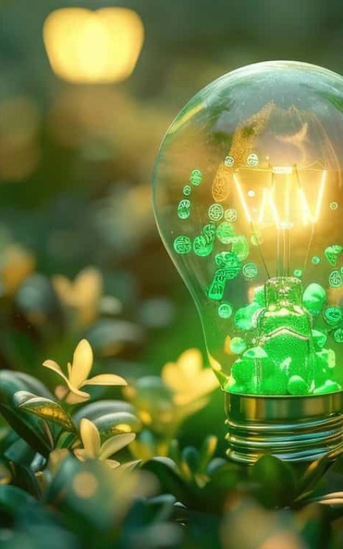 lampadina contenente luce green tra foglie. Per Energy Solutions Aeonvis ha personalizzato Salesforce Sales, Service e Field Service Cloud, ottimizzando l’intero processo