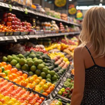 Donna davanti ad un colorato banco di frutta e verdura.  Expertise multi-settoriale: nel settore Consumer Goods la personalizzazione e la fidelizzazione del cliente sono prioritarie