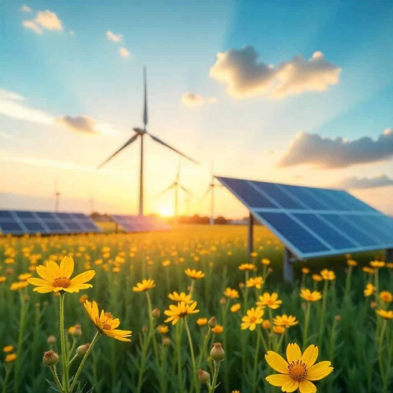 In un campo di fiori gialli pale eoliche e pannelli solari. E-SMART è la soluzione Salesforce di Aeonvis dedicata alle aziende del settore energy