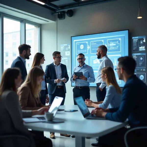 gruppo di clienti e consulenti in un ambiente busness. L’alta specializzazione e il forte know how del team SAP di Aeonvis incrementano l’efficienza delle implementazioni dei progetti cliente;