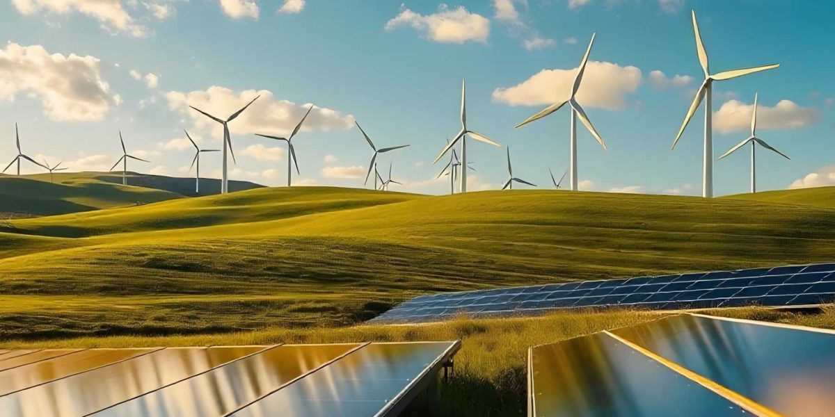 colline verdi con pale eoliche e fotovoltaico. Per Energy Solutions Aeonvis ha personalizzato Salesforce Sales, Service e Field Service Cloud, ottimizzando l’intero processo