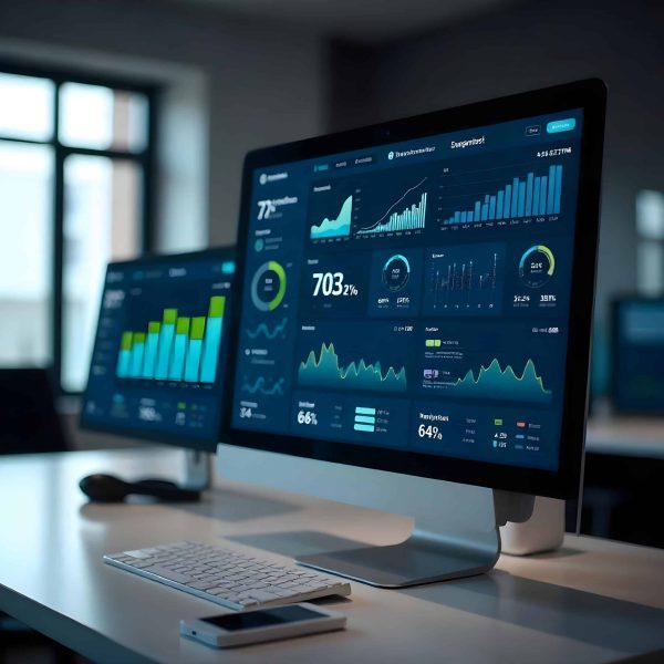 monitor con dashboard di datiin un ufficio tech. Grazie all’ampia gamma di funzionalità offerte da SAP Aeonvis permette un rapido ritorno sull’investimento.