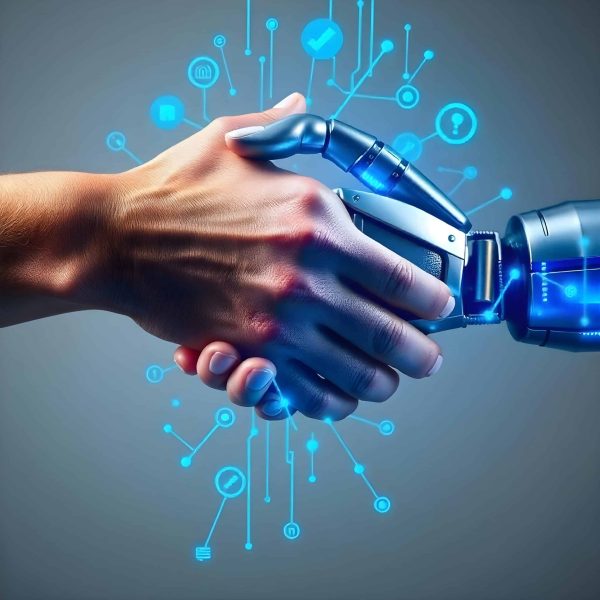 mano umana stringe mano robotica. L’interazione digitalizzata con i clienti deve essere continua e arricchita da risposte personalizzate anche grazie all’introduzione dell’intelligenza artificiale nei canali di comunicazione.