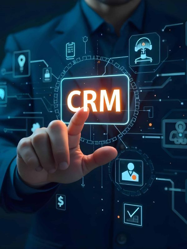 uomo usa un touch screen trasparente di gestione di un sistema CRM. L'engagement di nuova generazione con i clienti si basa su avanzati strumenti di CRM e analisi